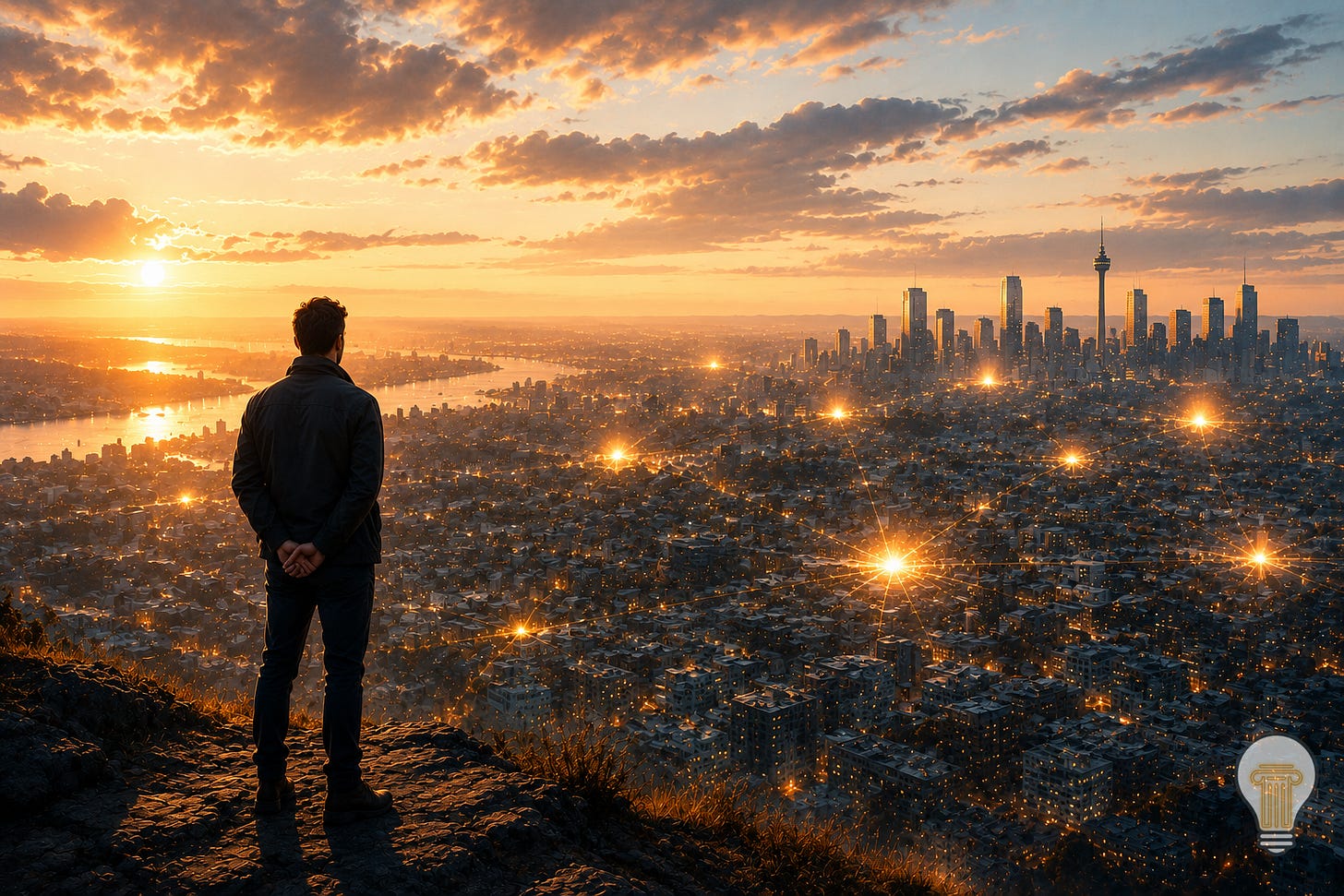 A solitary observer stands on a rocky overlook at sunset, studying a vast city where a handful of bright lights stand out against thousands of ordinary ones, suggesting hidden patterns of attention, influence and status across a complex civilisation. A solitary observer stands on a rocky overlook at sunset, studying a vast city where a handful of bright lights stand out against thousands of ordinary ones, suggesting hidden patterns of attention, influence and status across a complex civilisation.