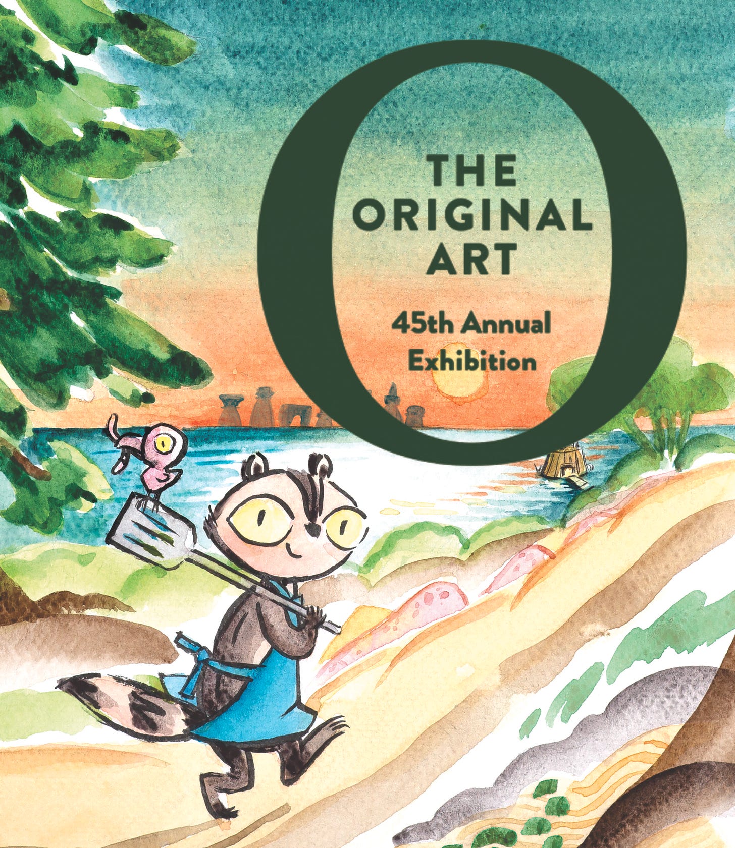 the cover of Night Chef graphic novel. A watercolor illustration of a raccoon wearing an apron and walking over a dirt road by a river.