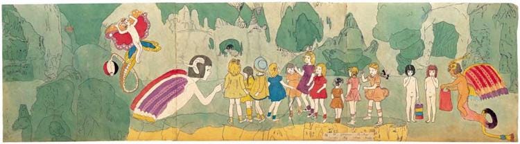 Reprodução digital de uma pintura do artista Henry Darger. O cenário parece um bosque, verde com a impressão que é um pasto grande. No centro vemos crianças, meninas, com vestidos coloridinhos. À esquerda uma figura surreal, de uma criança nua com asas de borboleta. Uma outra figura surreal aparece mais abaixo, parece um híbrido de anjo com criança-borboleta. As asas são mais coloridas, com vermelhos e roxos.