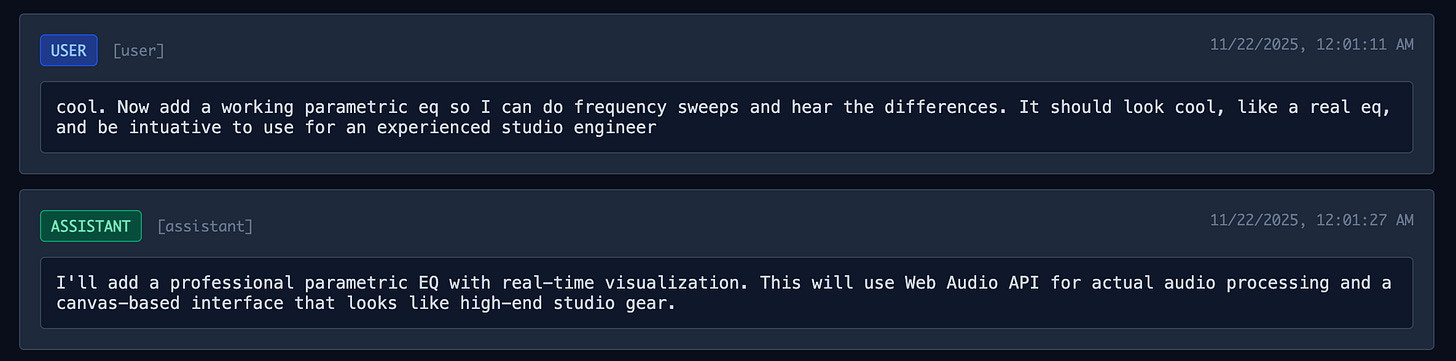 Chat session where user asks Claude Code to add a parametric equalizer to the app Chat session where user asks Claude Code to add a parametric equalizer to the app