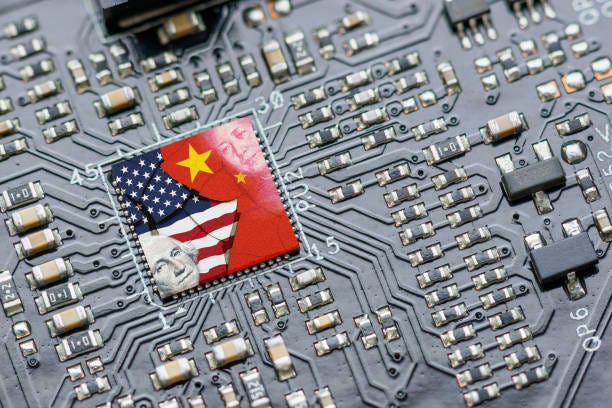 Flag of USA and China on a processor, CPU or GPU microchip on a motherboard. US companies have become the latest collateral damage in US - China tech war. US limits, restricts AI chips sales to China. Flag of USA and China on a processor, CPU or GPU microchip on a motherboard. US companies have become the latest collateral damage in US - China tech war. US limits, restricts AI chips sales to China. usa china ai stock pictures, royalty-free photos & images