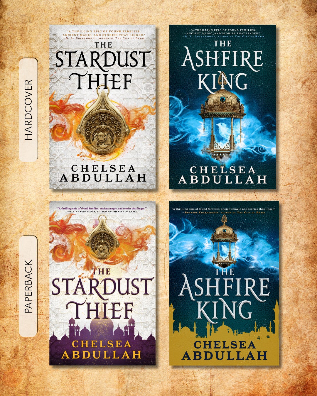 The hardcovers of THE STARDUST THIEF and THE ASHFIRE KING are visible on the top line while the paperbacks of the same books are visible below. The hardcovers of THE STARDUST THIEF and THE ASHFIRE KING are visible on the top line while the paperbacks of the same books are visible below.