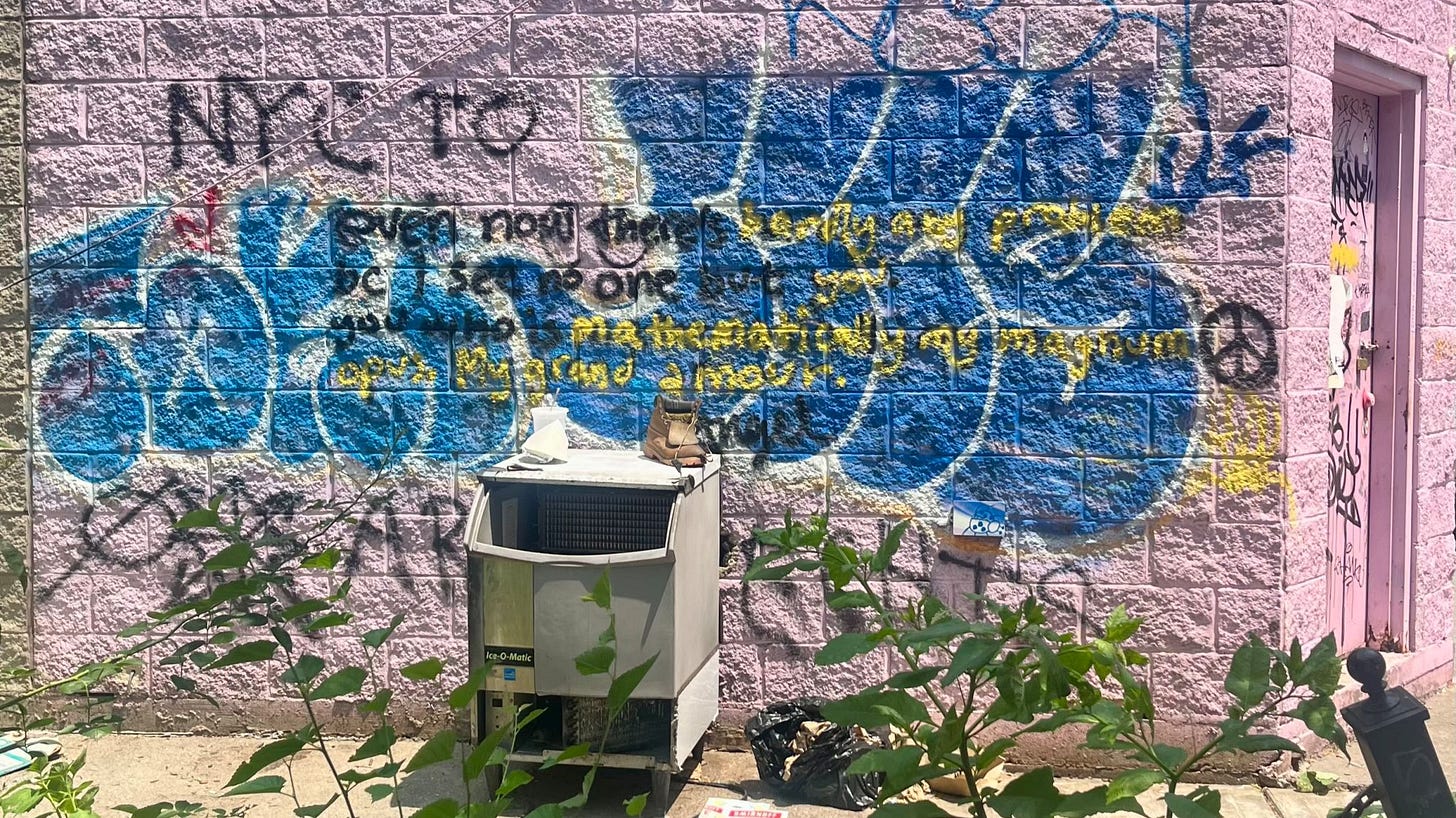A faded graffiti poem on a pink-painted city wall, spray-painted in blue and yellow across layers of older markings. The text reads: “Even now, there’s barely any problems bc I see no one but you, and that’s mathematically my maximum love, my grand amour.” The words are slightly uneven, surrounded by the wear of time and New York City life.