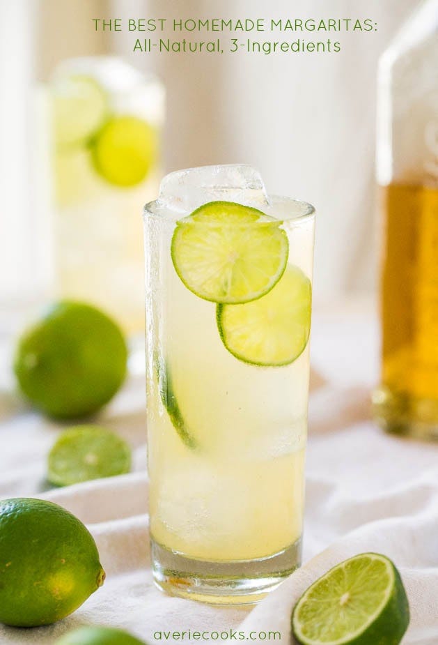 The Best Homemade Margaritas: All-Natural, 3-Ingredients - No sugar so you can sip worry-free! They go down way too easily! Homemade Margarita next to whole limes.