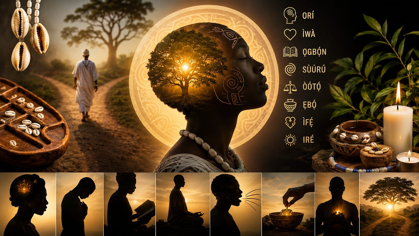 A wide spiritual illustration showing a serene African figure in profile with a glowing tree-like form inside the head, symbolizing Orí. Around the figure are ritual objects, cowries, candles, plants, and golden symbols representing character, wisdom, patience, truth, offering, love, and blessing. A path and sacred landscape appear in the background, evoking the Ifá journey toward aligned destiny. A wide spiritual illustration showing a serene African figure in profile with a glowing tree-like form inside the head, symbolizing Orí. Around the figure are ritual objects, cowries, candles, plants, and golden symbols representing character, wisdom, patience, truth, offering, love, and blessing. A path and sacred landscape appear in the background, evoking the Ifá journey toward aligned destiny.