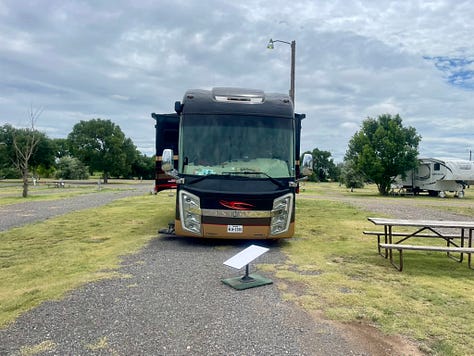 Photos of Tommy's massive plate of chicken fried steak with mashed potato's and gravy and my tasty BLT, and a shot of RV in the campground.