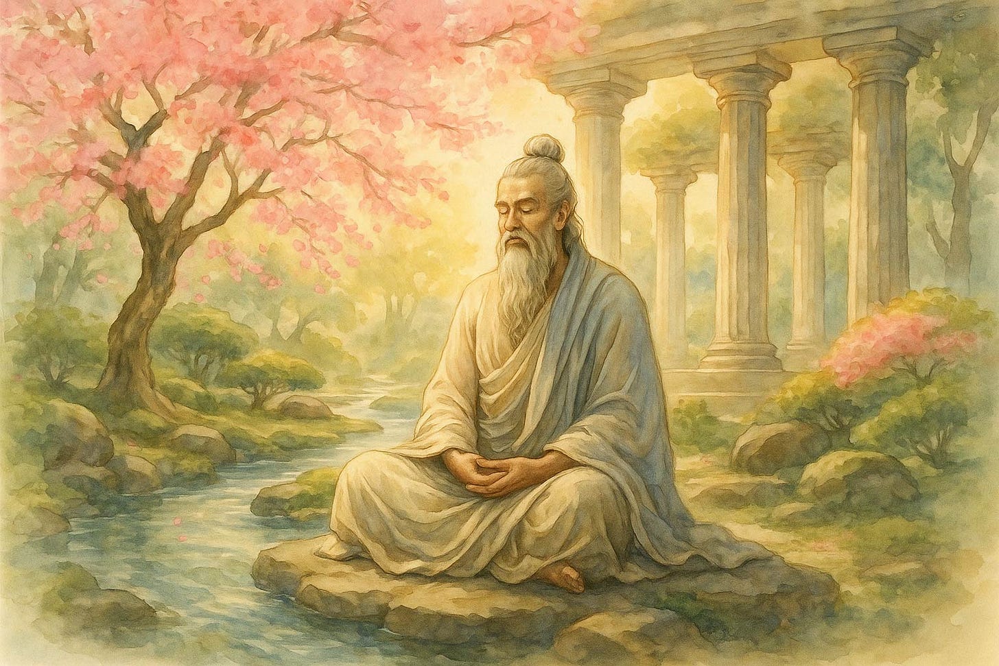 Where ancient wisdom meets timeless flow - a philosopher's meditation in the eternal garden of human flourishing. 