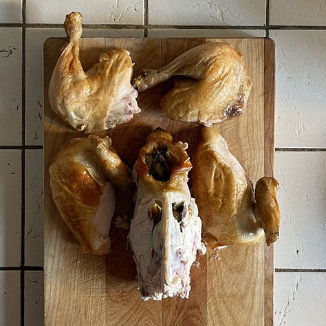 Roasted chicken carved, on a platter