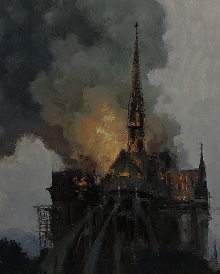 This may contain: an oil painting of a building on fire