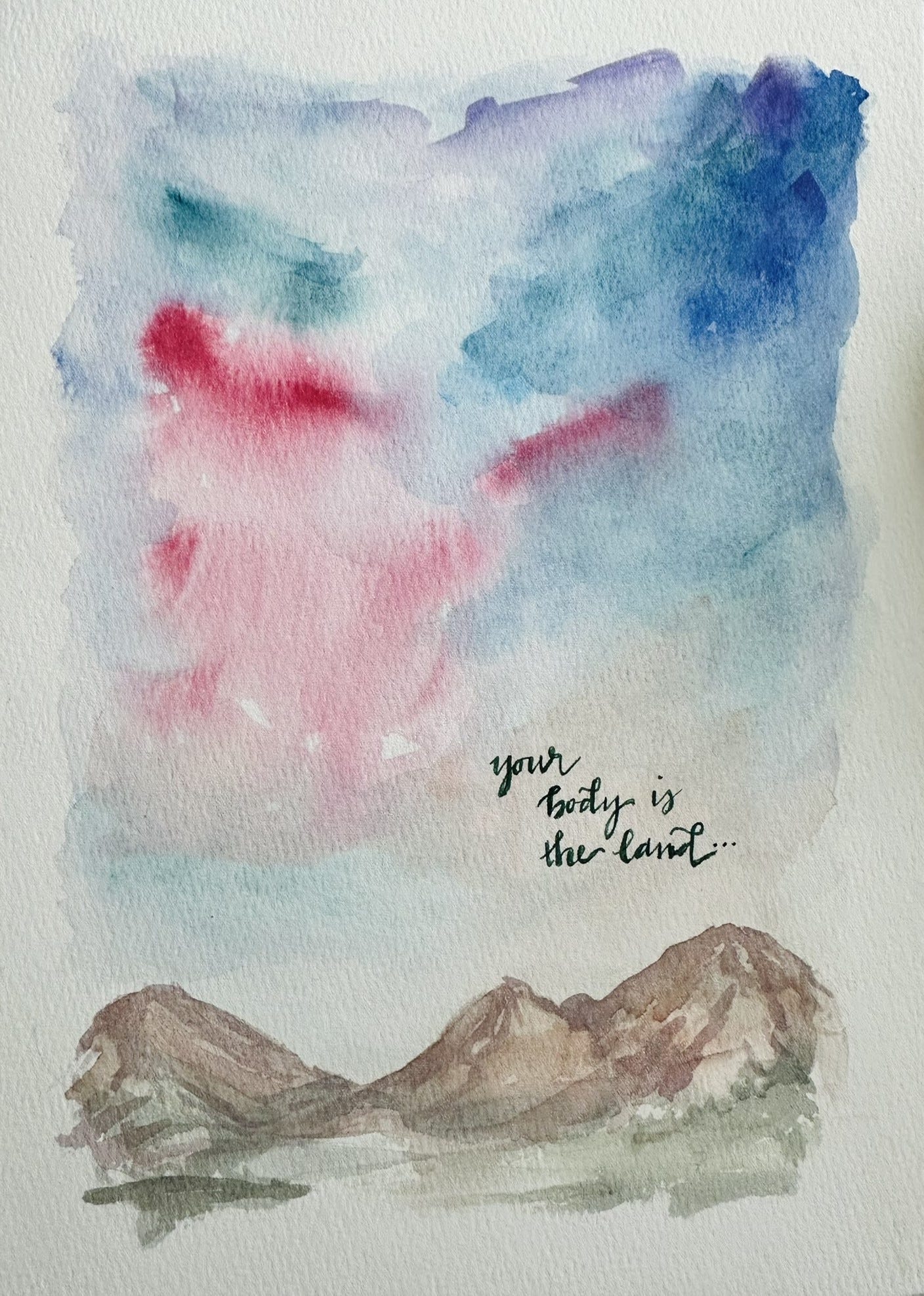 A photo of an original watercolor painting by yours truly - a turbulent sky above three mountains in the distance. Words hover above the mountains, reading: Your body is the land...