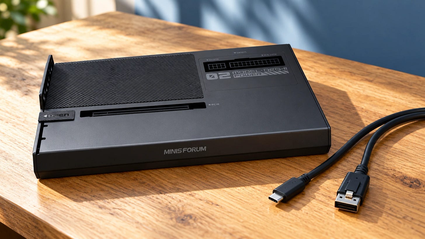 MINISFORUM DEG2 external GPU dock with disconnected USB-C and OCuLink cables on a desk, illustrating connection choices for local AI. MINISFORUM DEG2 external GPU dock with disconnected USB-C and OCuLink cables on a desk, illustrating connection choices for local AI.