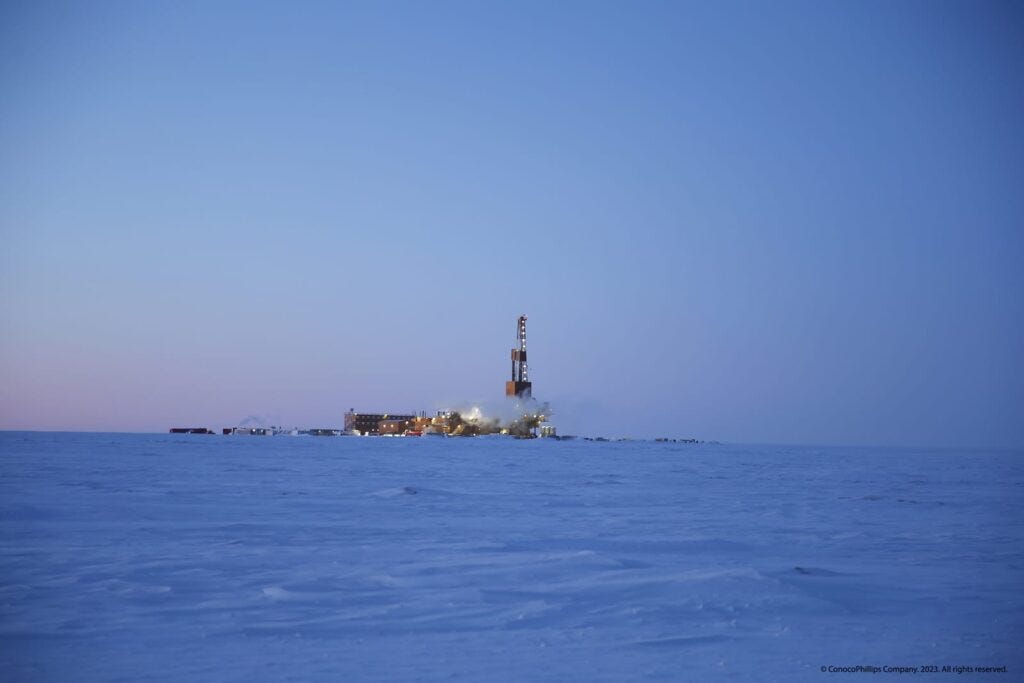 An exploration rig drills for oil at ConocoPhillips' Willow prospect in the National Petroleum Reserve - Alaska. (ConocoPhillips)