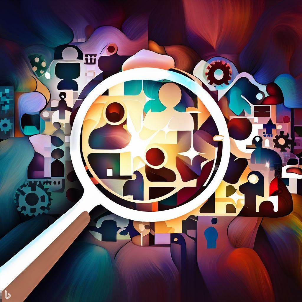 Design an image that symbolizes the concepts of hidden talent, recognition, and diversity in a workplace setting. The image should evoke a sense of discovery, empowerment, and inclusion. Use a combination of symbols such as a magnifying glass revealing diverse individuals, a spotlight illuminating a previously shadowed figure, or a mosaic of diverse faces merging to form a thriving organization. The colors should be vibrant to signify energy, dynamism, and a positive change