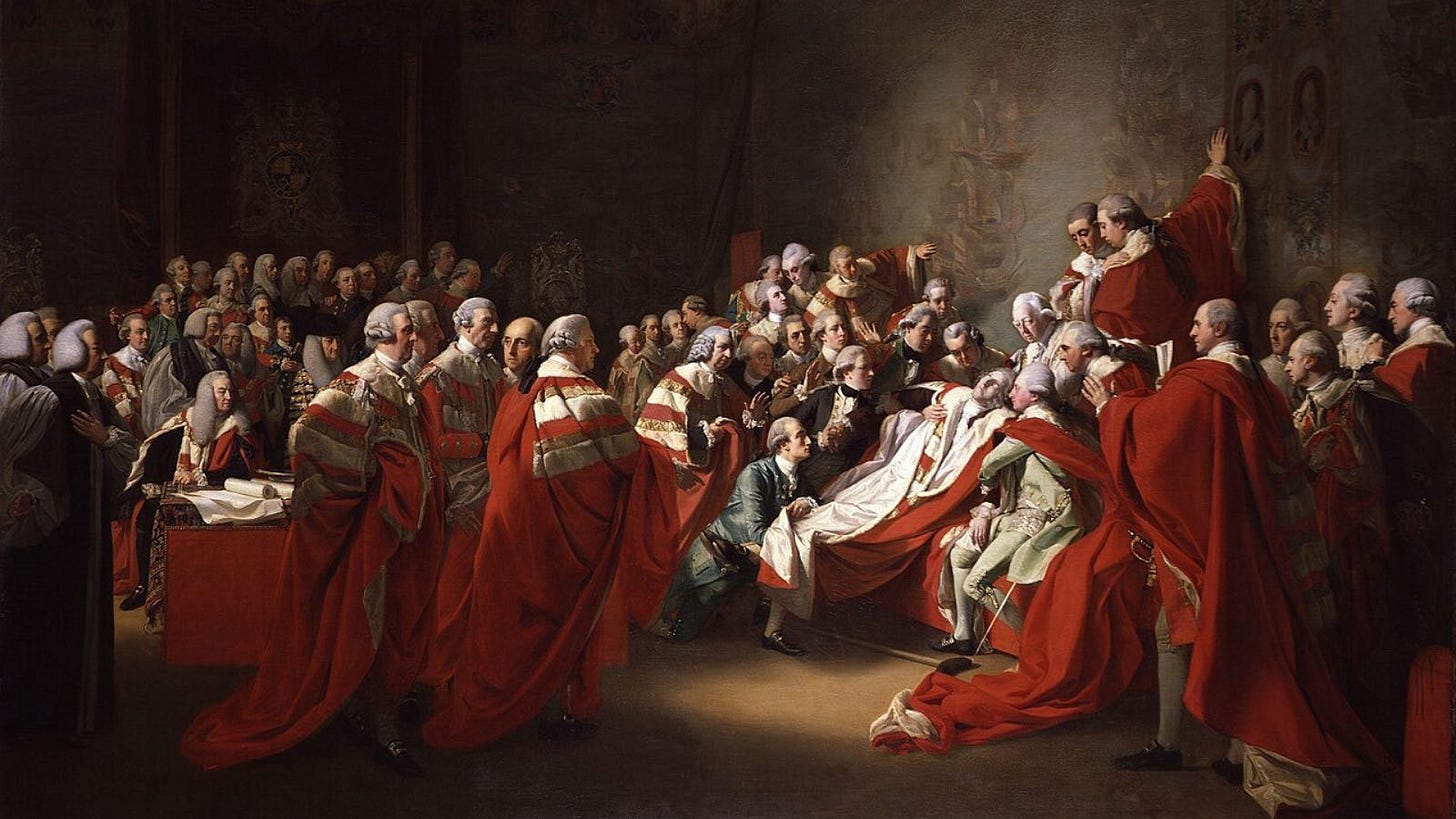 The Collapse of the Earl of Chatham in the House of Lords, 7 April 1778. Painting by John Singleton Copley, National Portrait Gallery, London. The Collapse of the Earl of Chatham in the House of Lords, 7 April 1778. Painting by John Singleton Copley, National Portrait Gallery, London.