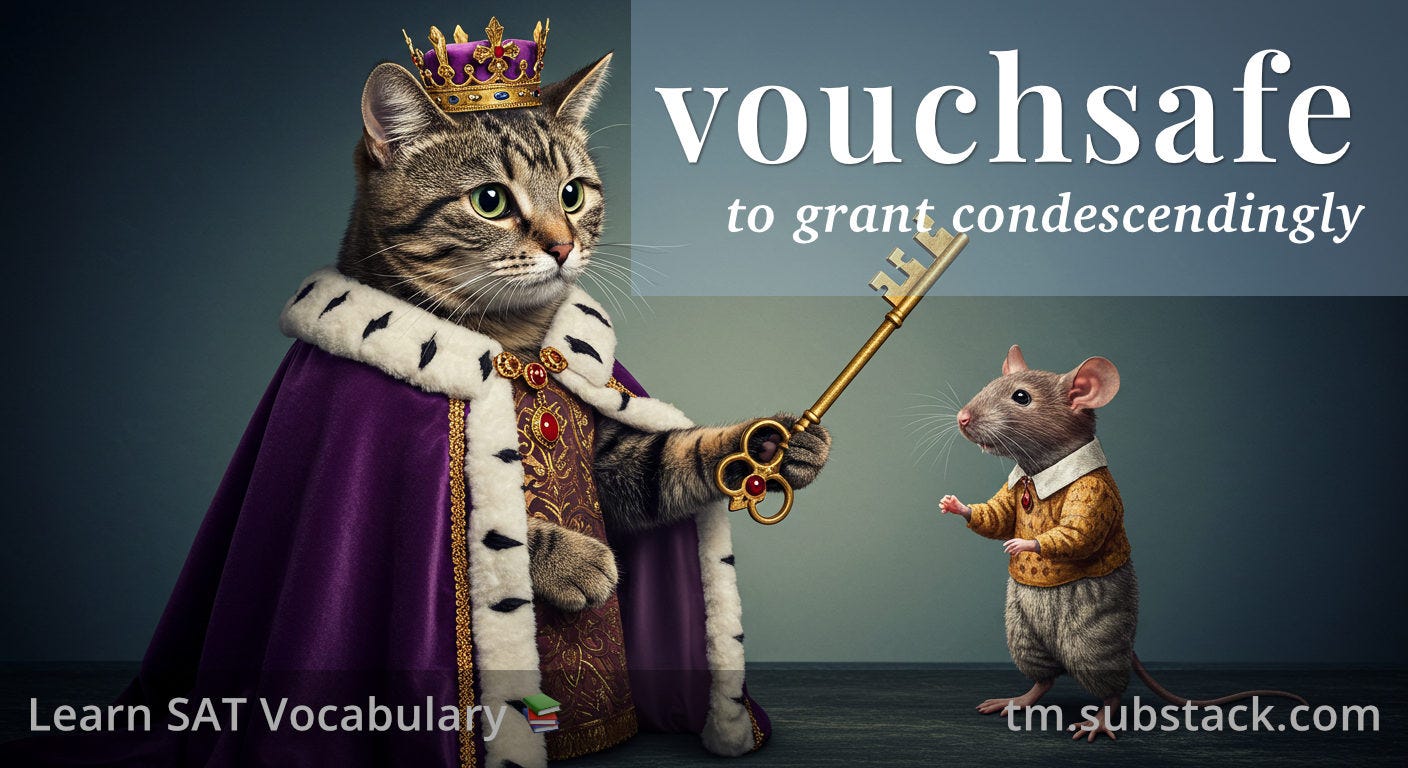 Illustration of a royal cat bestowing a golden key to a humble mouse; used to illustrate the SAT word 'vouchsafe'.