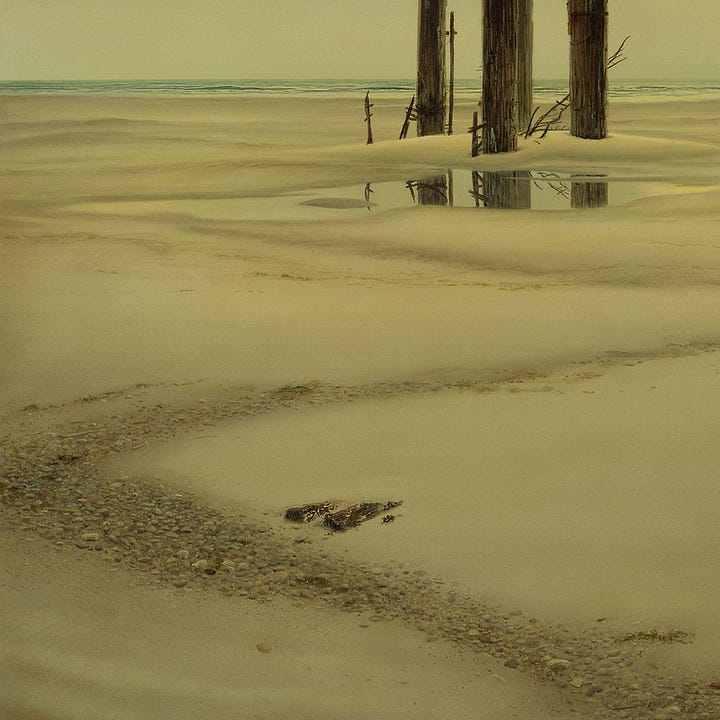 LEFT: Close detail from WATCHTOWER featuring a woman high up as she rests her arms over the window sill of the treehouse-like structure. A television screen can barely be seen in the lower corner near her elbow. The hexagonal roof descends from a point looking like the top of a silo or an old water tower. One panel beside the window is still shingled but the opposite side is dilapidated with weathered boards showing through. Wire is strung on a vertical rod draping to another on a 45 degree angle in what appears to be a makeshift antenna. RIGHT: Detail from WATCHTOWER featuring a path of rocks and gravel winding across the sand back to a shallow pool of water. The base of wood pylons are reflected in the surface.
