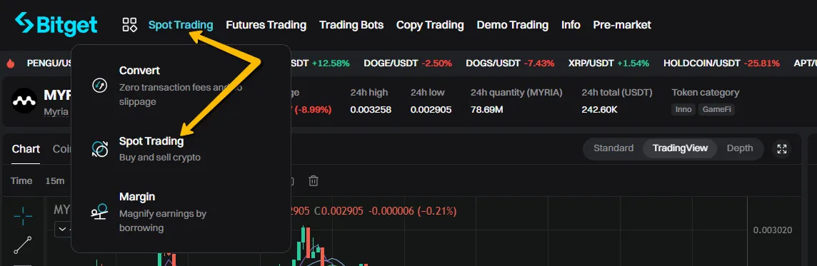 Screenshot demonstrating how to navigate to the Spot Trading tab on the Bitget platform by clicking the menu. Screenshot demonstrating how to navigate to the Spot Trading tab on the Bitget platform by clicking the menu.