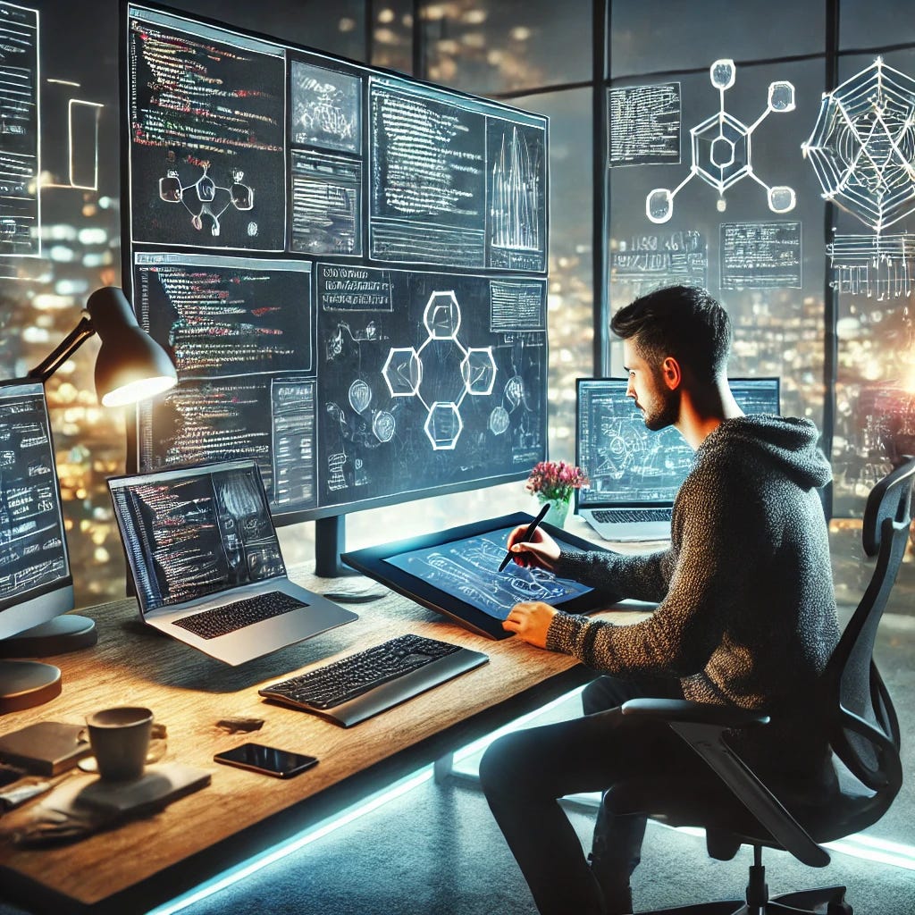 A software engineer working on designing a complex system, sitting at a modern desk with multiple monitors displaying diagrams, code, and software architecture. The workspace is filled with various gadgets, notes, and sketches. The engineer appears focused, using a digital pen tablet to draw intricate system flowcharts on one of the screens. The environment is tech-centric, with a sleek ergonomic chair, glowing LED lights, and a large window showing a cityscape in the background. The overall atmosphere is creative and professional, highlighting a high-tech and innovative workspace.