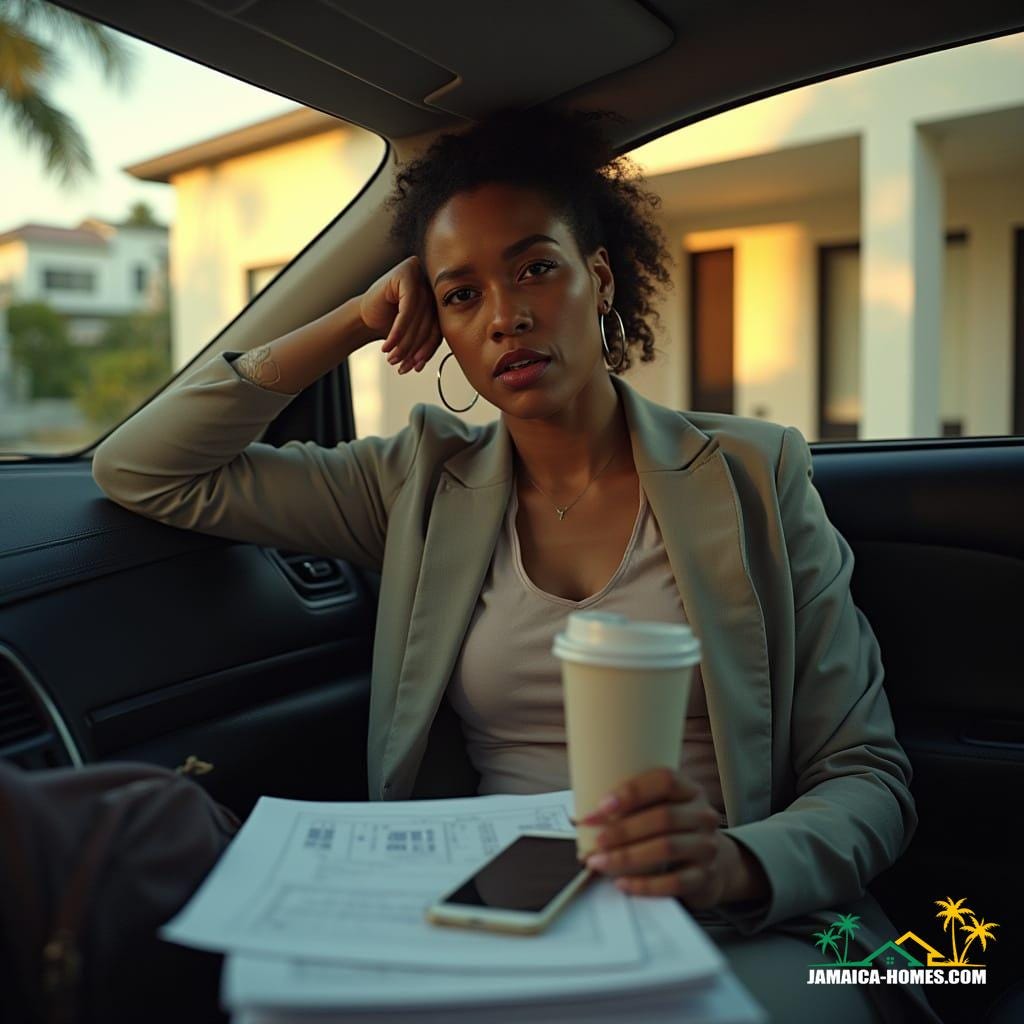 A Jamaican female realtor, stylish in a crisp business attire, visibly overworked, sits in her car, surrounded by real estate documents, a laptop bag, and a phone, with a coffee cup, folders, and keys scattered around, warm tropical sunlight casting a cinematic glow, her exhausted yet determined expression reflected in the rearview mirror, outside, a modern Caribbean-style house with swaying palm trees, film grain and vignette adding depth, color graded to evoke a sense of fatigue and determination, shot on 35mm film with cinematic lighting, Noe Alcantara, Ash Thorp, and Simon Stalenhag's atmospheric and dramatic styles infused.