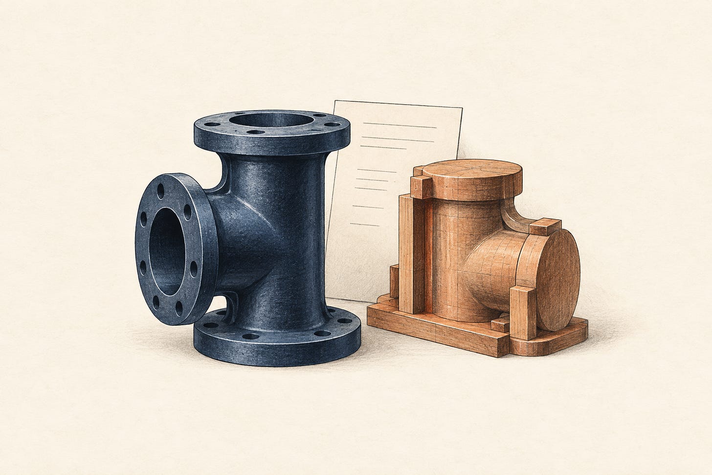 Editorial illustration of a cast component, a wooden pattern and an inspection card. Editorial illustration of a cast component, a wooden pattern and an inspection card.