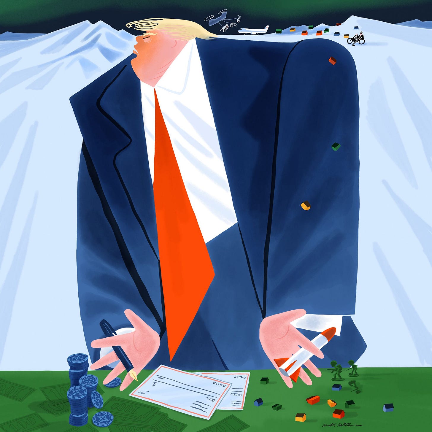 Trump at a poker table signing a check with a glacier behind him