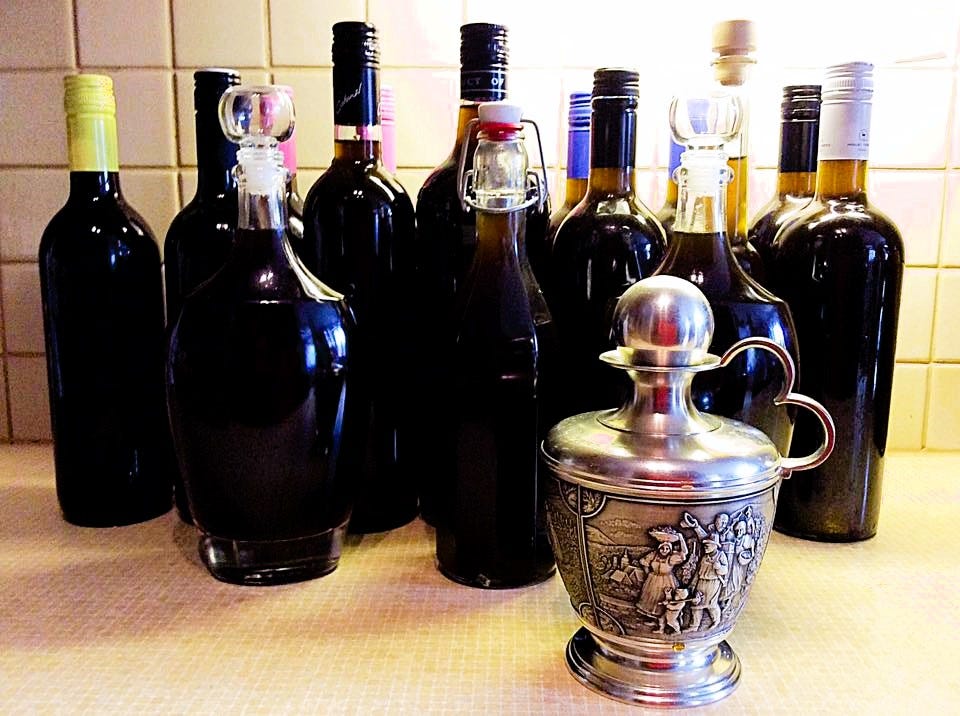 Bottles of Nussschnaps waiting to be labeled
