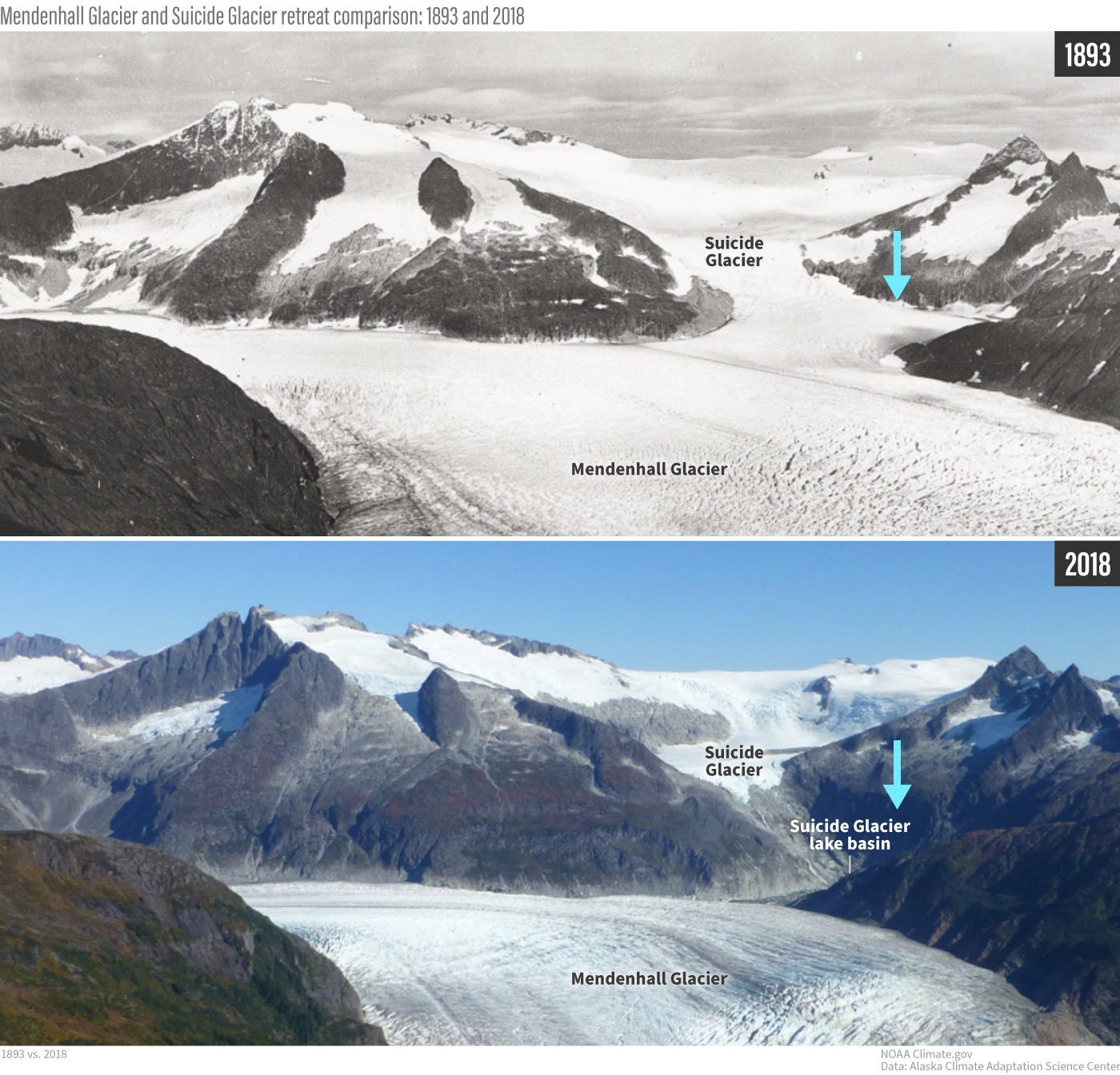 Timelapse photos showing the retreat of the Mendenhall and Suicide Glaciers between 1893 and 2018 Timelapse photos showing the retreat of the Mendenhall and Suicide Glaciers between 1893 and 2018