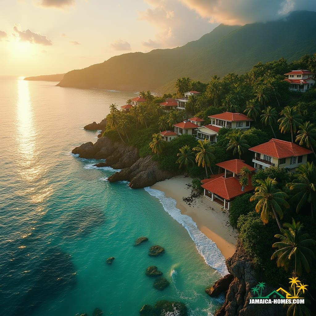Breathtaking luxury villas perched on the lush Jamaican coastline, majestic palm trees swaying in the ocean breeze, as the warm golden light of sunset dances across the terracotta rooftops and crystal-clear turquoise waters.