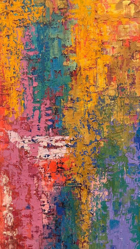 Shimmery layers of chromic colors details of a George Morrison abstract painting