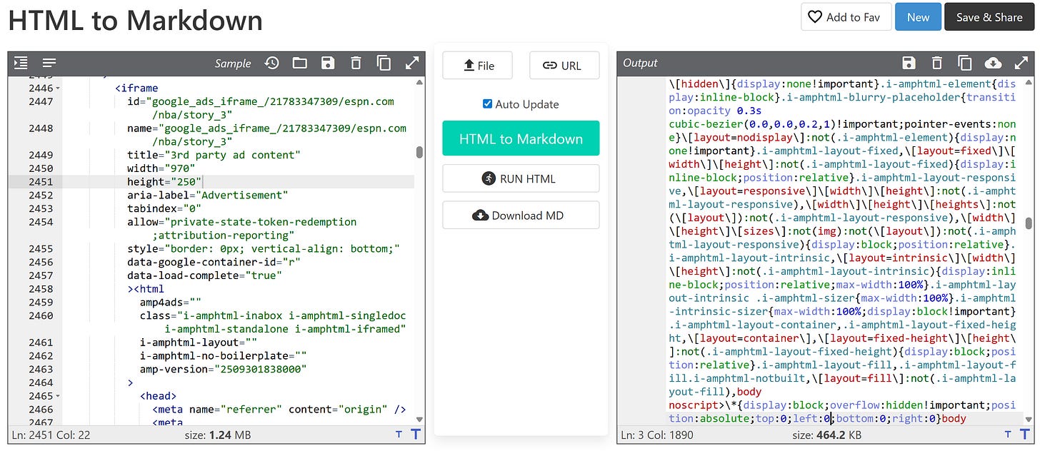 The rendered <iframe> ad is leaking content into the output Markdown
