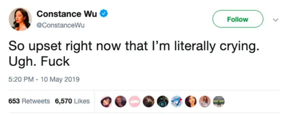 image of Constance Wu's 2019 tweet, which reads: "So upset right now that I'm literally crying. Ugh. Fuck." image of Constance Wu's 2019 tweet, which reads: "So upset right now that I'm literally crying. Ugh. Fuck."