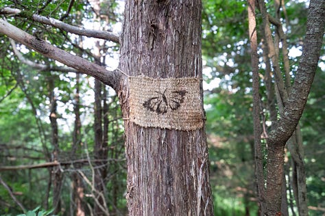 Small painting of a butterfly on a piece of woven fabric, weathered and almost blending into the texture of tree trunk.