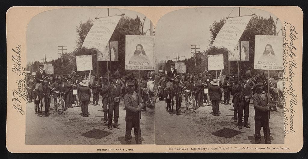 1894 stereograph showing members of Coxey's army holding signs as they approached Washington, DC. (Source: Library of Congress)