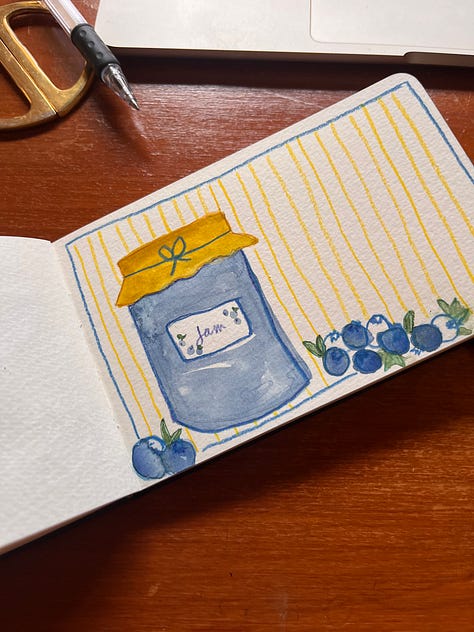 Six photos: one of a cockapoo walking through a field of wildflowers; some watercolour paints sitting by a window near a jug of flowers; a hummingbird moth visiting som bee balm; a rudimentary painting of a jar of jam and some blueberries; a person, barefoot, holding a mug of coffee, a dog leash around their neck; a book open in a lap, a dog sleeping on the couch beside them 