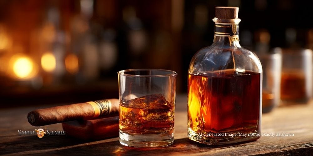 Bourbon, glass of whiskey, and cigar pairing on wooden table.