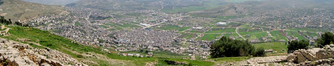 Modern day Shechem in Israel, taken from up a hill looking down on the town