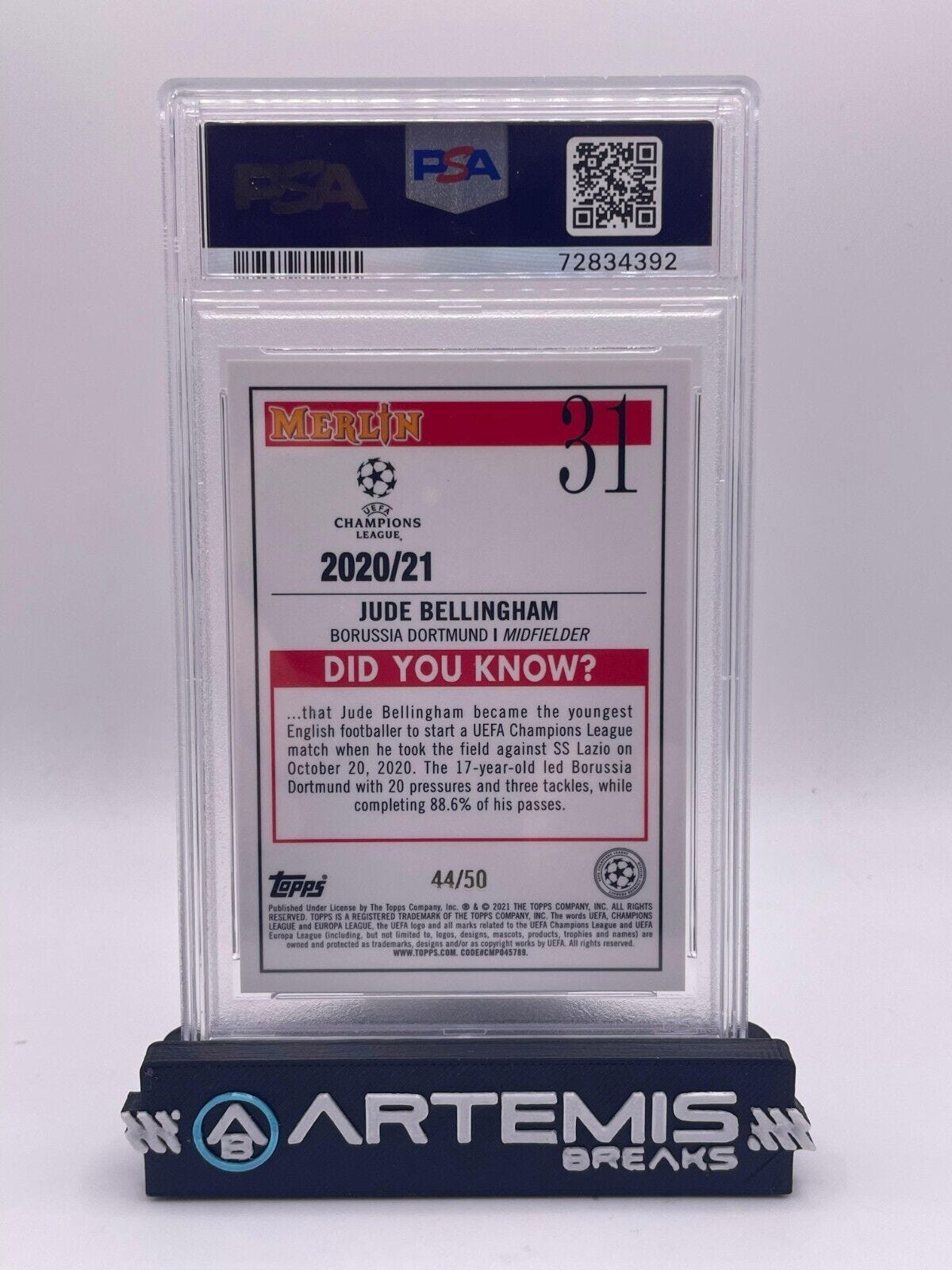 PSA 9 2020-21 Topps Merlin Chrome UCL Jude Bellingham RC Gold Refractor /50 - Picture 2 of 2