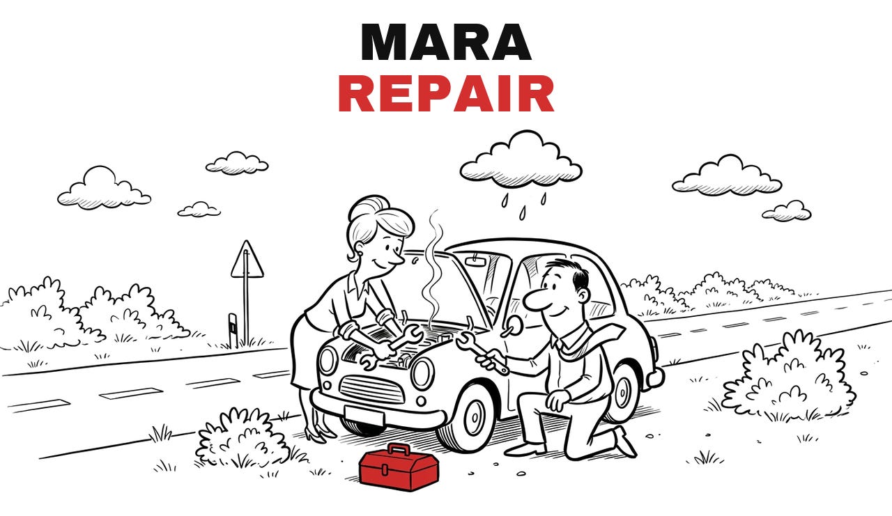 Trade Repair MARA, Repair. Hand-drawn cartoon: the two of them repair a small car at the roadside under a rain cloud, a toolbox beside it.