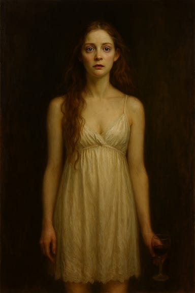 Stella Wachter, visually inspired by Morfydd Clark, stands barefoot in the dim hallway of Wachterhaus. She wears a pale silk nightgown that floats as she moves, her long hair loose and slightly tangled. Her expression is vacant yet haunting, with wide eyes that seem to fix on something distant and unseen. The candlelight flickers around her, casting soft shadows on the cracked wallpaper and faded portraits. The atmosphere is eerie, delicate, and dreamlike—capturing the fragile grace of a girl unraveling in silence.