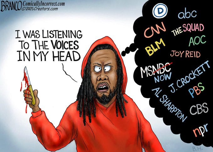 A cartoon of a man with dreadlocks wearing a red hoodie, holding a bloody knife in his right hand. A thought bubble above his head contains text and logos including "D", "abc", "CNN", "BLM", "THE SQUAD", "AOC", "JOY REID", "MSNBC", "N J CROCKETT", "AL SHARPTON", "CBS", "NPR", "PBS". The text "I WAS LISTENING TO THE VOICES IN MY HEAD" is visible near the man. A watermark "BRANCO CartoonsCreators.com" is present.