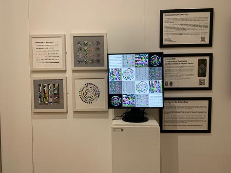 A variety of new media art works using screens, projections, including a large yellow screen and an anaologe cassete with the caption "an actual AI artist" 