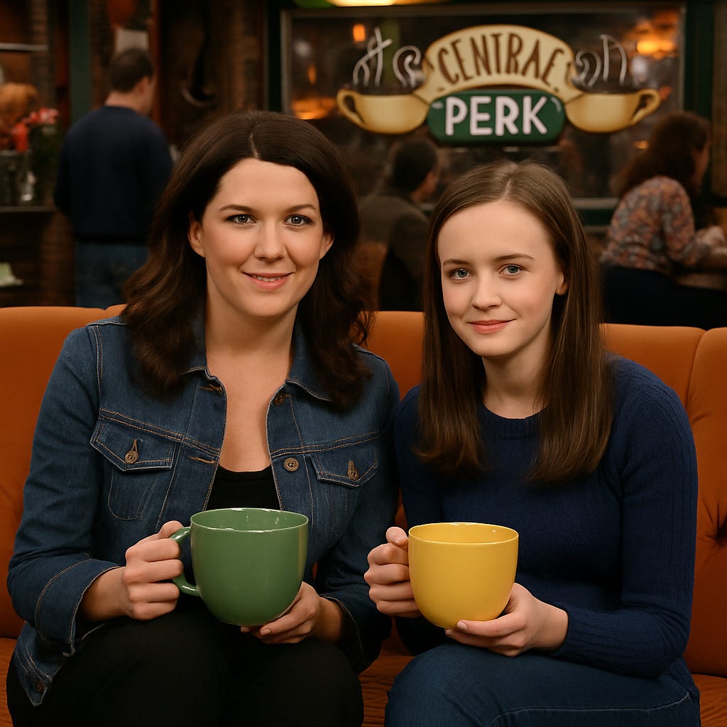 AI-Generated Fan Art Mashup of Lorelai Gilmore and Rory Gilmore drinking coffee and sitting on the couch at Central Perk in Friends | rmrk*st | Remarkist Magazine