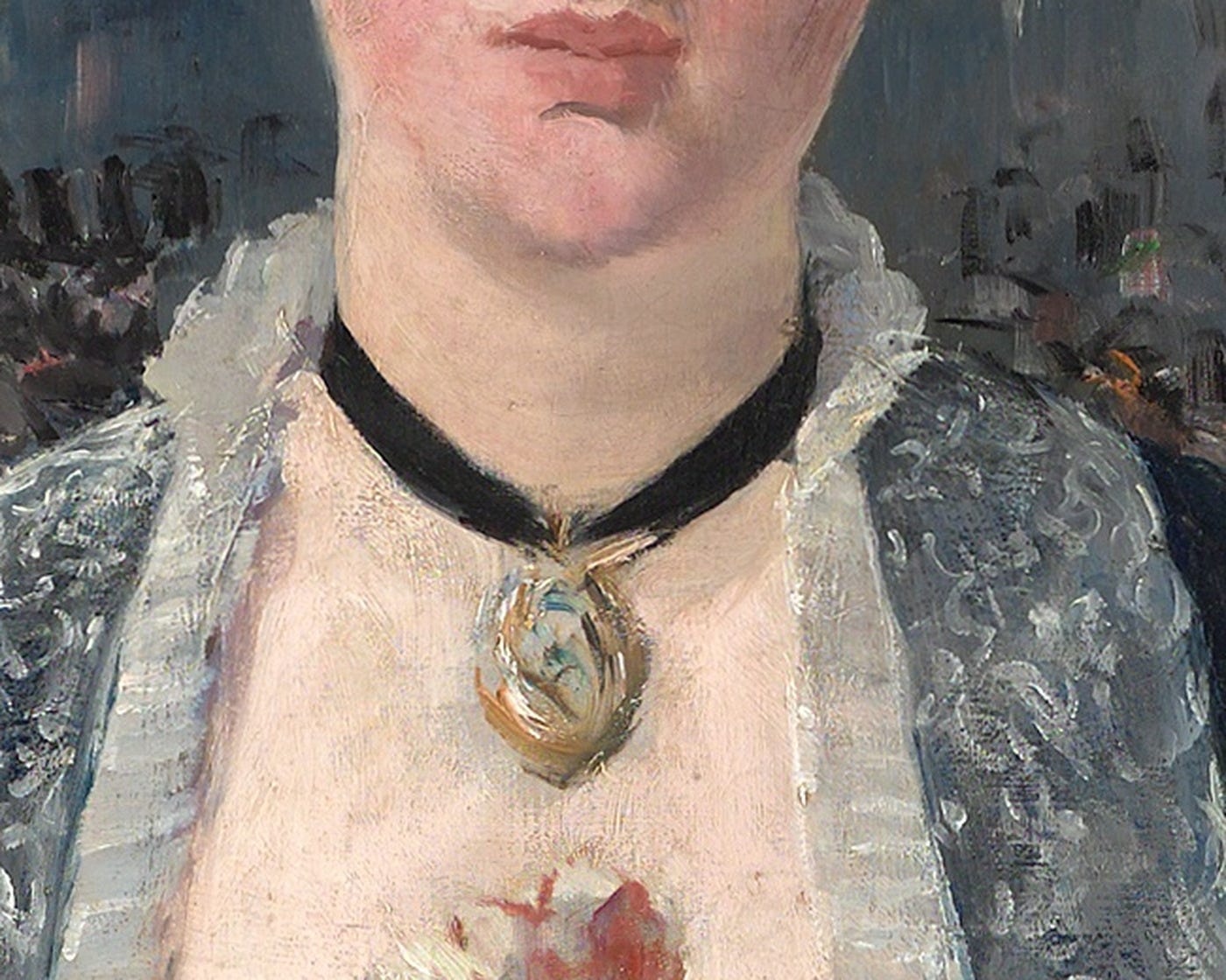 Detail of Manet's A Bar at the Folies Bergère: the black velvet ribbon tied tight around the barmaid's throat, with a gold locket resting on her skin. Detail of Manet's A Bar at the Folies Bergère: the black velvet ribbon tied tight around the barmaid's throat, with a gold locket resting on her skin.