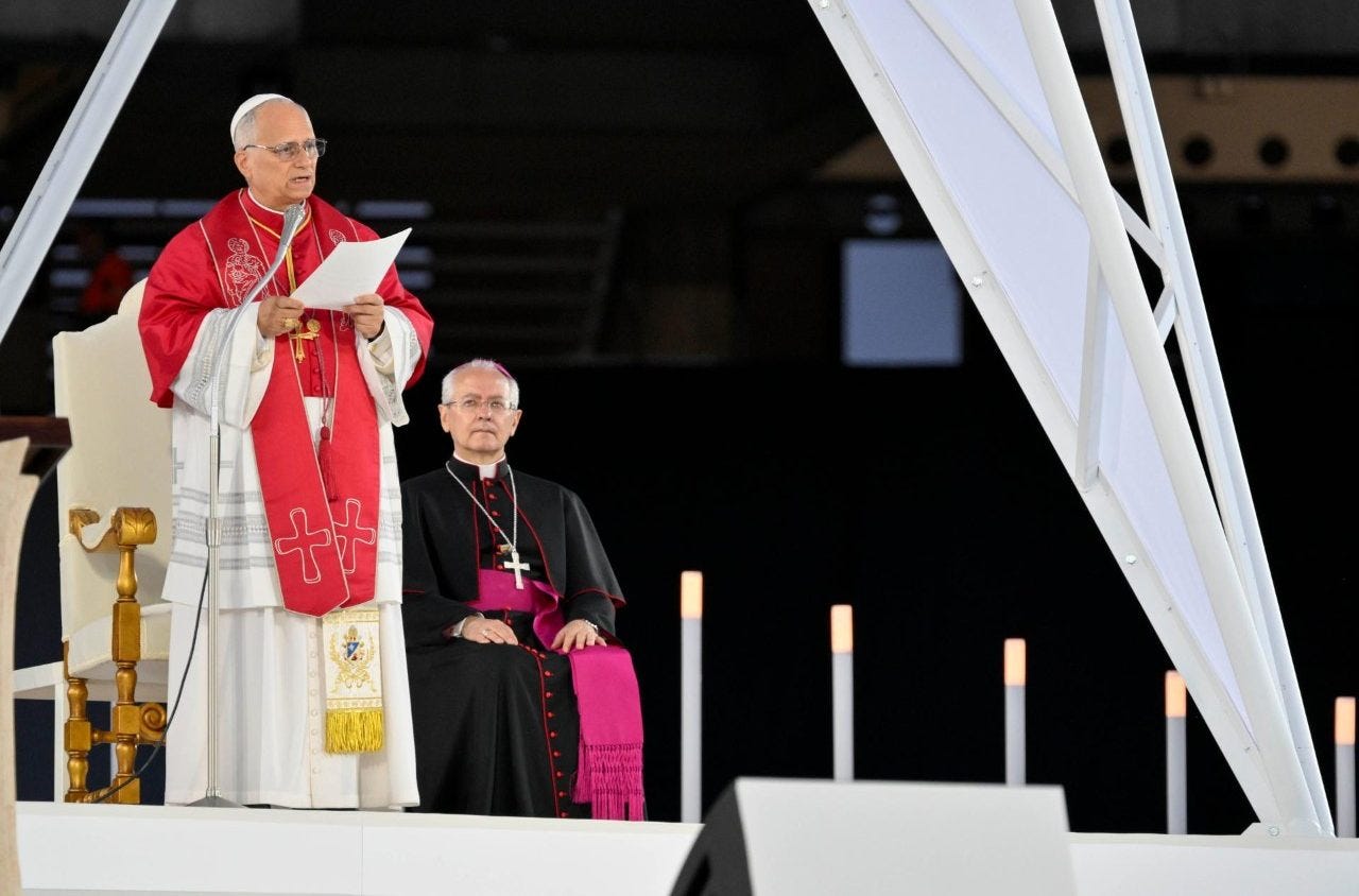 Pope Leo XIV speaks at a prayer vigil in the Lluís Companys Olympic Stadium in Barcelona Pope Leo XIV speaks at a prayer vigil in the Lluís Companys Olympic Stadium in Barcelona