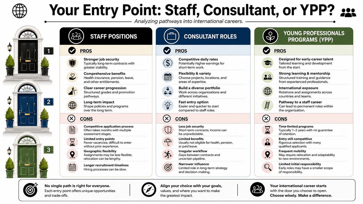 A comparison chart outlining the pros and cons of staff, consultant, and YPP roles for international careers.