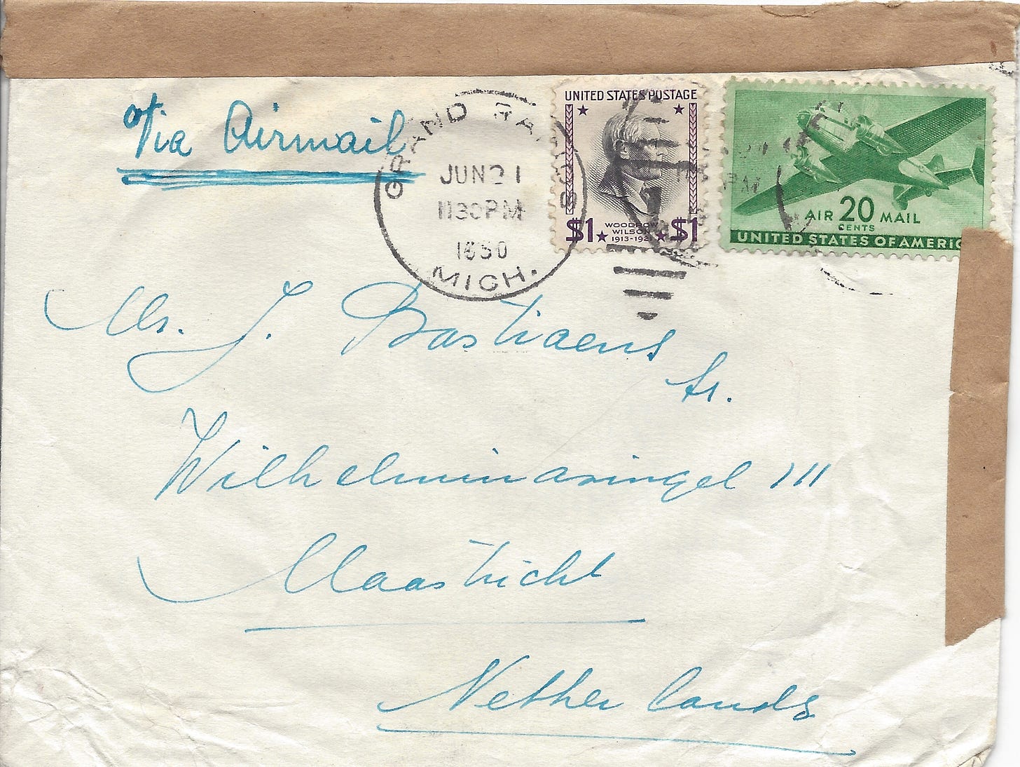1950 envelope sent by Air Mail from the US to the Netherlands
