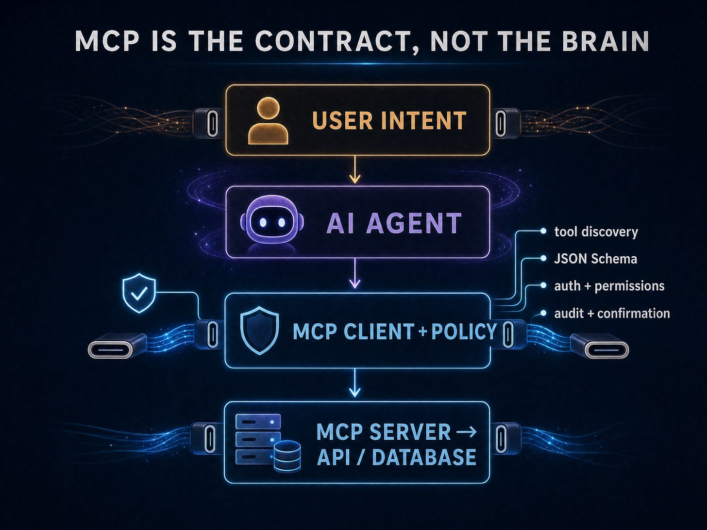 MCP is the contract, not the brain: a standardized, permissioned connection between user intent, an AI agent, and a business system