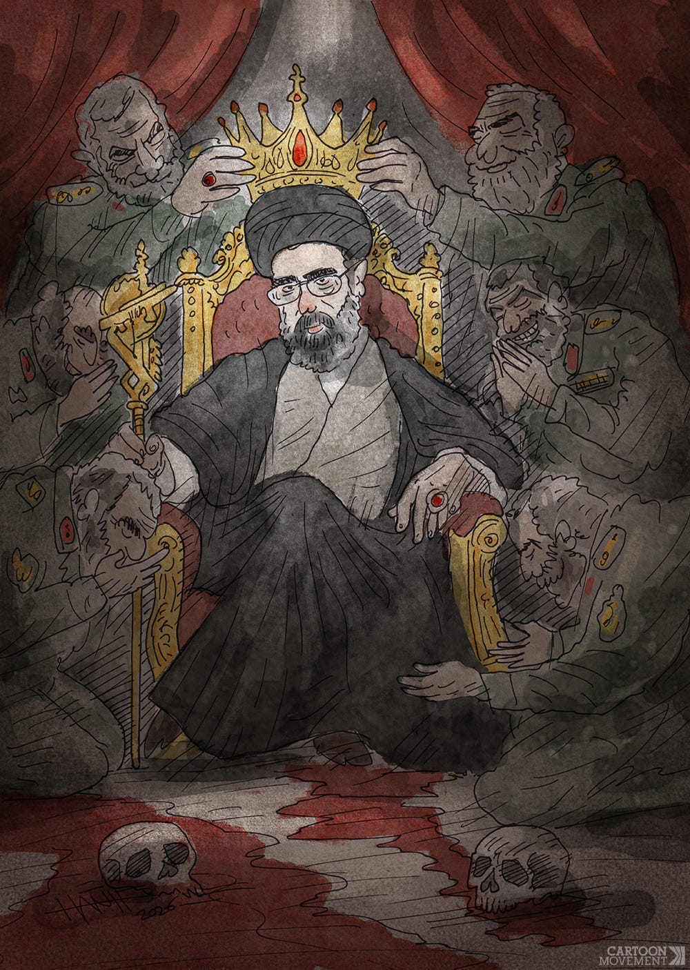 Cartoon showing Mojtaba Khamenei being crowned as a central figure in a religious tableau. Iranian military surround him in poses of worship. On the ground we see blood and skulls.