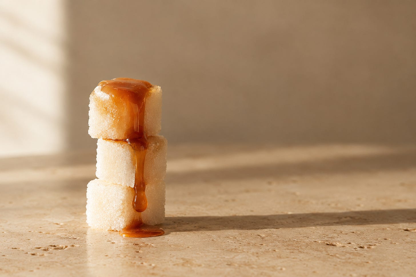 Trois morceaux de sucre empilés sur du travertin ; celui du haut fond en caramel qui coule le long de la pile.* Trois morceaux de sucre empilés sur du travertin ; celui du haut fond en caramel qui coule le long de la pile.*