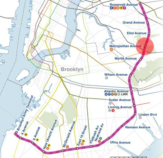 Brooklyn subway map showing stations from Roosevelt Avenue to Utica Avenue.